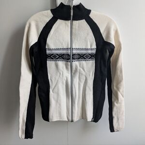 Neve 100% wool full zip nordic inspired black and off-white sweater size S small